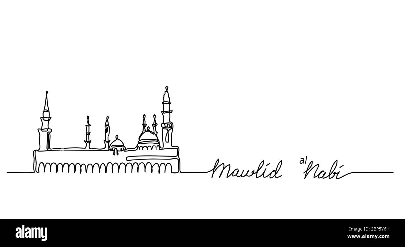 Mosque Nabawi outline, one continuous line drawing. Mawlid An Nabi ,prophet birth. Muhammad prophet birth background Stock Vector