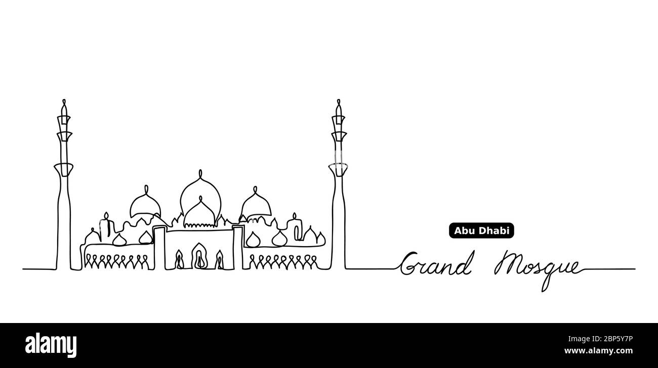 Sheikh Zayed grand mosque one continuous line drawing. Simple, minimal black and white vector background of Grand mosque Stock Vector