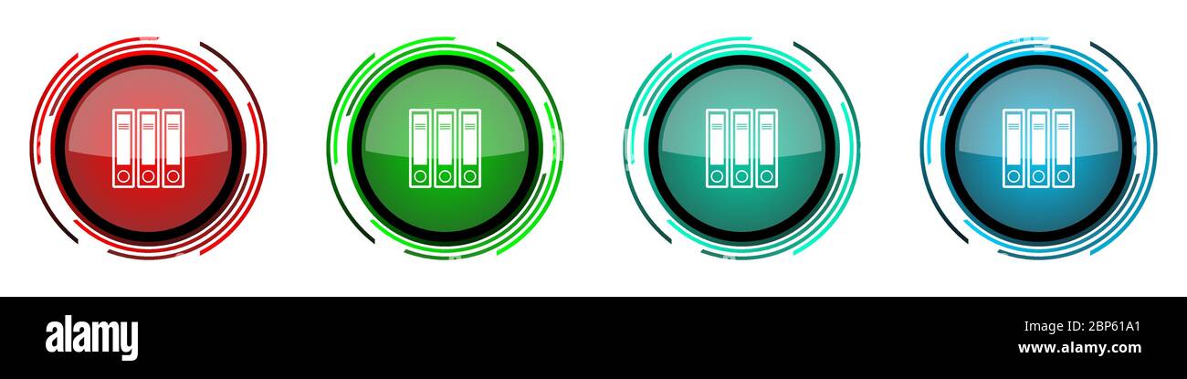 Binder round glossy vector icons, folder, document, file set of buttons for webdesign, internet and mobile phone applications in four colors options i Stock Vector