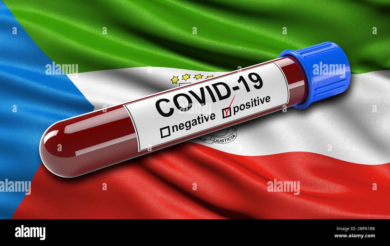 Flag of Equatorial Guinea waving in the wind with a positive Covid-19 blood test tube. Stock Photo