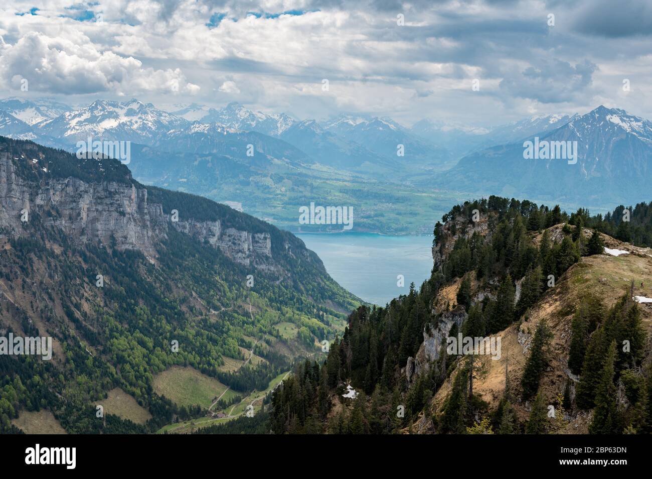 view from Oberbergli at Sigriswiler Grat into Justistal and Lake Thun Stock Photo