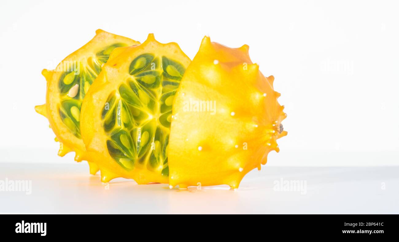 Kiwano or horned melon isolated on white background with copy space for