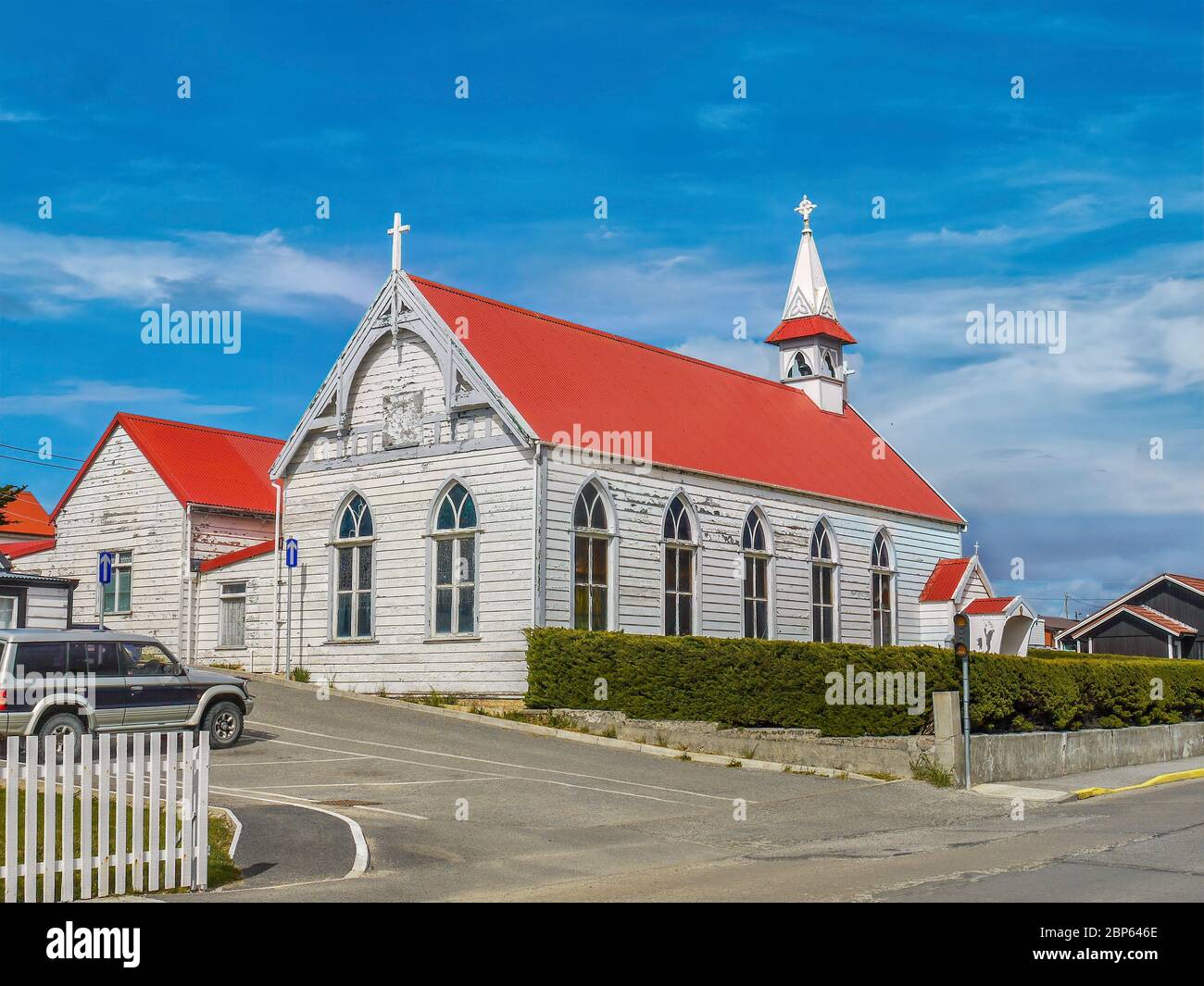 A picturesque scene in Stanley, Falkland Islands, with an exterior view of St. Mary's Church, the territory's only Catholic church. Stock Photo