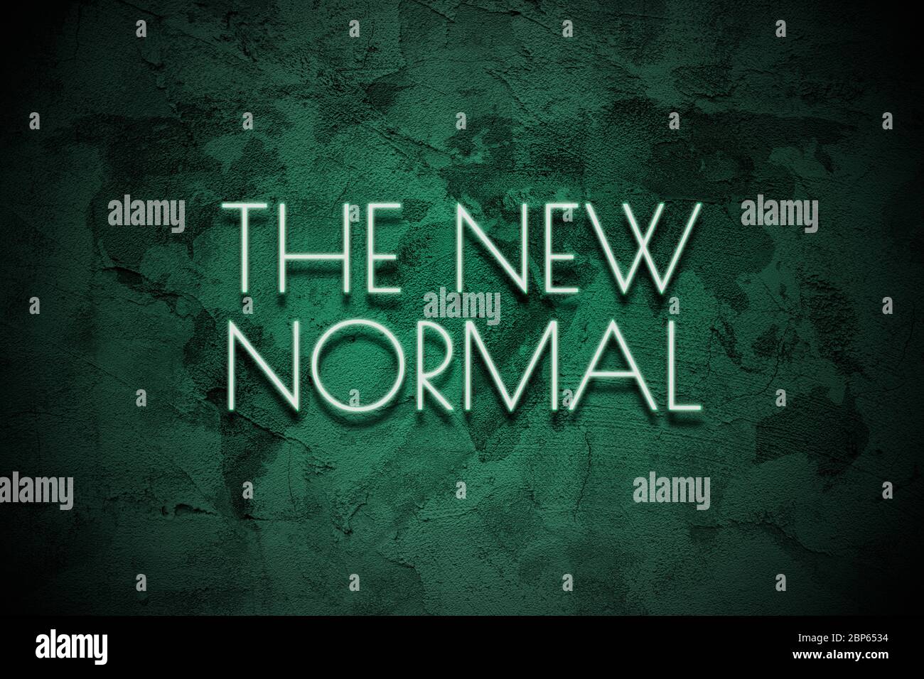 The New Normal. Neon light lettering  on grunge wall background with painted world map. New normal after covid-19 pandemic Background concept for post Stock Photo