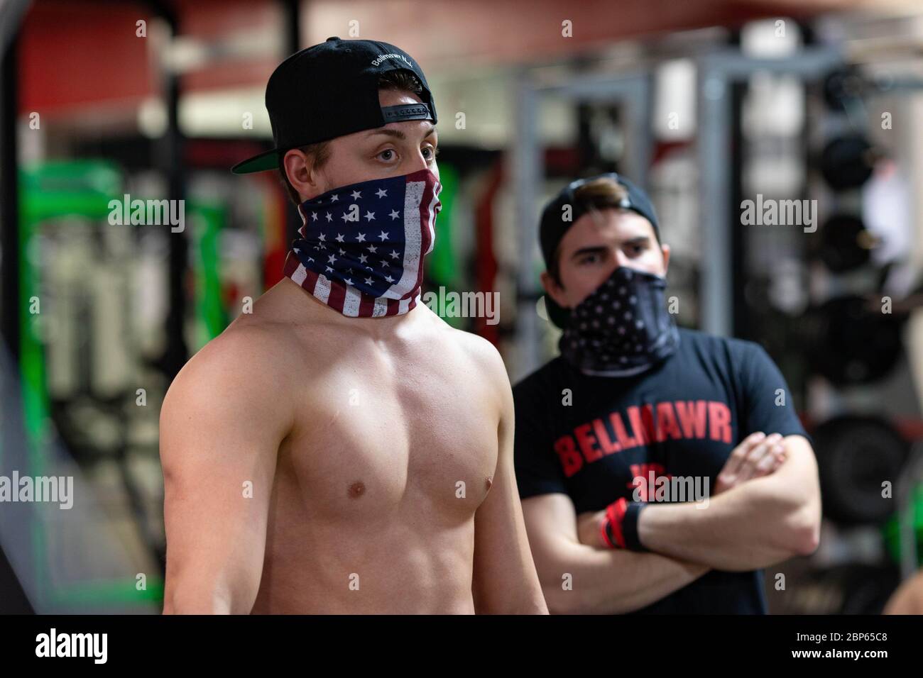 Bellmawr, New Jersey, USA. 17th May, 2020. Staff member Nick Martin speaks with a documentary crew at Atilis gym in Bellmawr, NJ, on Monday, May 18, 2020. Credit: Dave Hernandez/ZUMA Wire/Alamy Live News Stock Photo