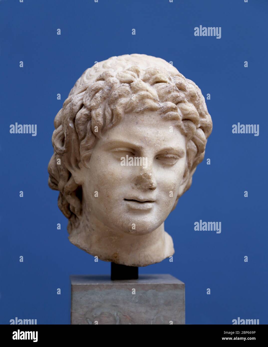 Head of the resting satyr. Unknown origin, 2nd century AD. Probably Roman. Carlsberg Glyptotek, Copenhagen, Denmark. Stock Photo