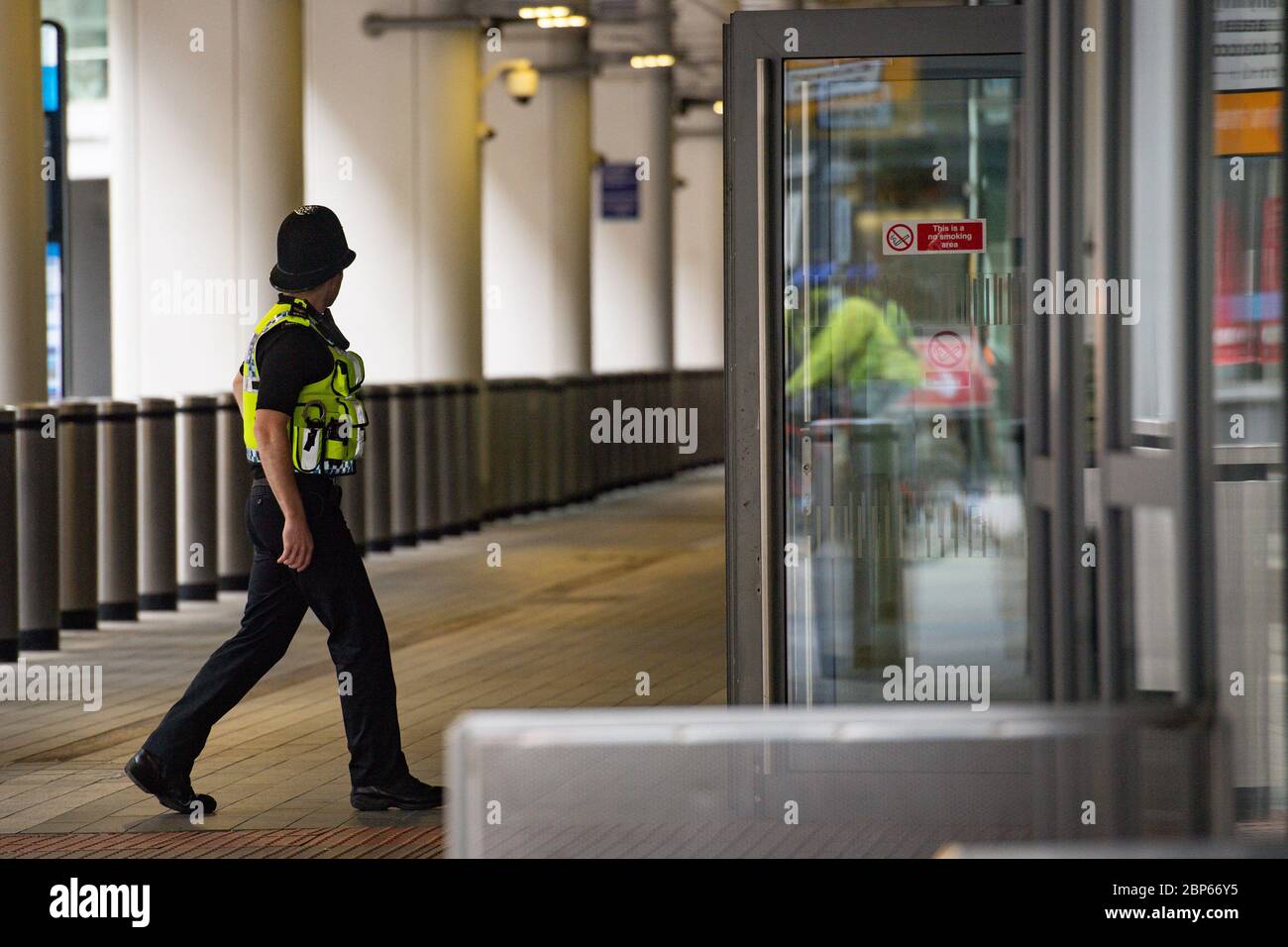 Increased transport police and security personnel at New Street station in Birmingham, as train services increase as part of the easing of coronavirus lockdown restrictions. Stock Photo