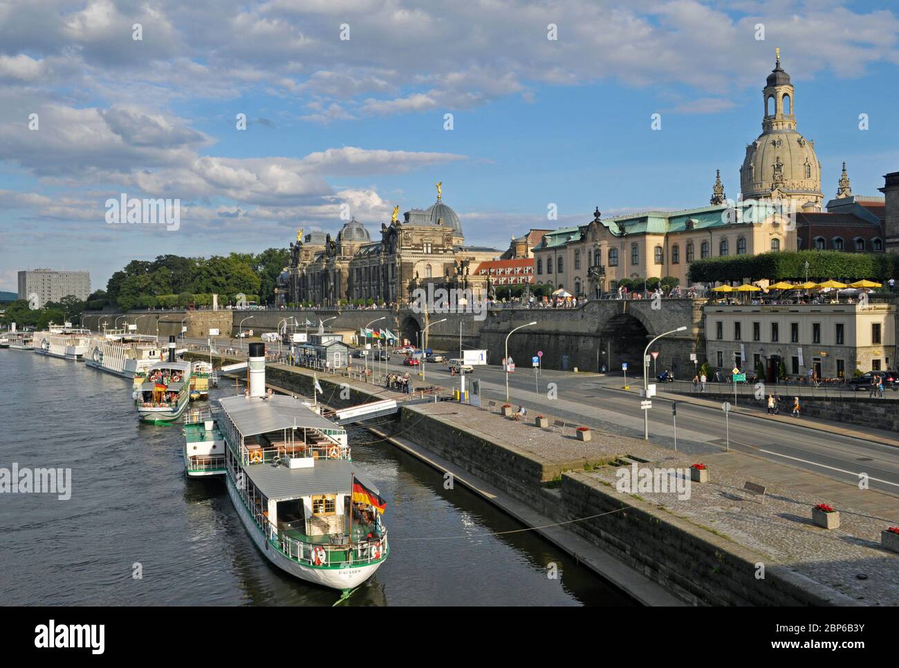boats and promenade of the river Elbe in Dresden, Germany Stock Photo