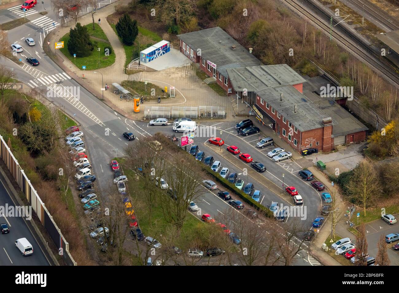 Aerial view,  Wattenscheid station with forecourt,  A40 motorway,  Ruhrschnellweg,  parking lots,  parking lot,  Wattenscheid,  Bochum,  Ruhr area,  North Rhine-Westphalia,  Germany Stock Photo