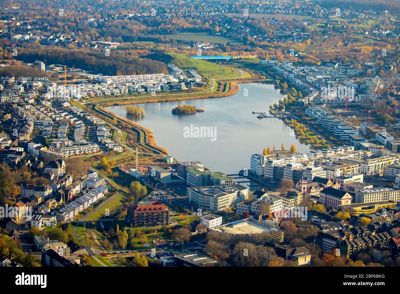 Aerial view, new apartments on the shores of Lake Phoenix, Dortmund