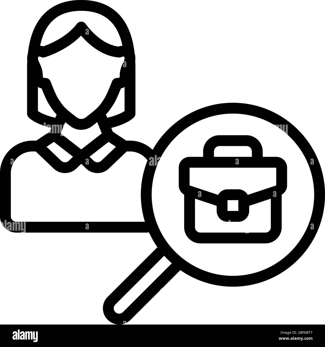 female avatar behind a magnifying glass with a briefcase inside it Stock Vector