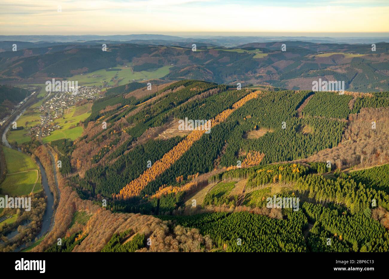 Aerial view, forest damage in Finnentrop, mixed forest with forest damage,, Finnentrop, Sauerland, North Rhine-Westphalia, Germany Stock Photo