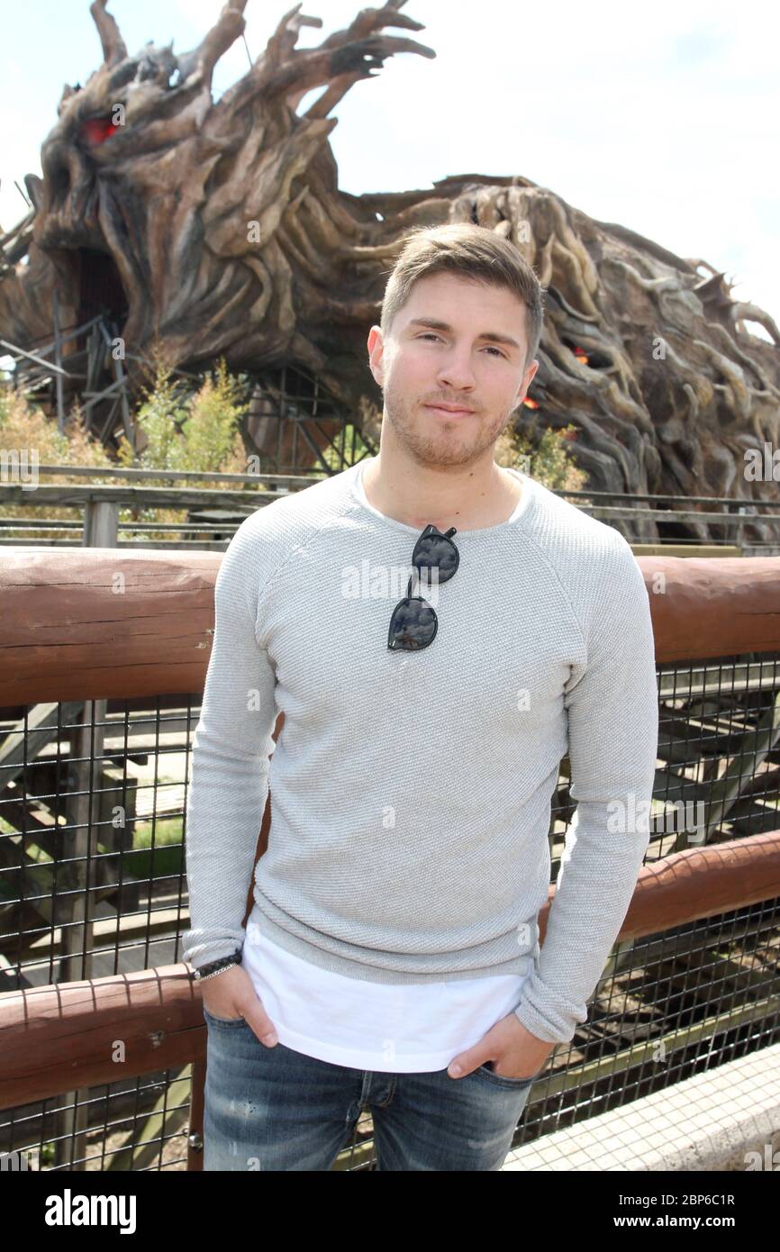Joey Heindle,Colossus wooden roller coaster Heide Park Soltau near Hamburg,14.05.2019 (Joey Heindle also had his birthday that day and can spend it in the park with his girlfriend) Stock Photo