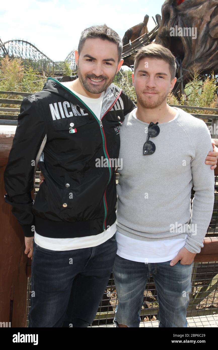 Menderes Bagcı,Joey Heindle,Colossus wooden roller coaster Heide Park Soltau near Hamburg,14.05.2019 (Joey Heindle also had his birthday that day and can spend it in the park with his girlfriend) Stock Photo