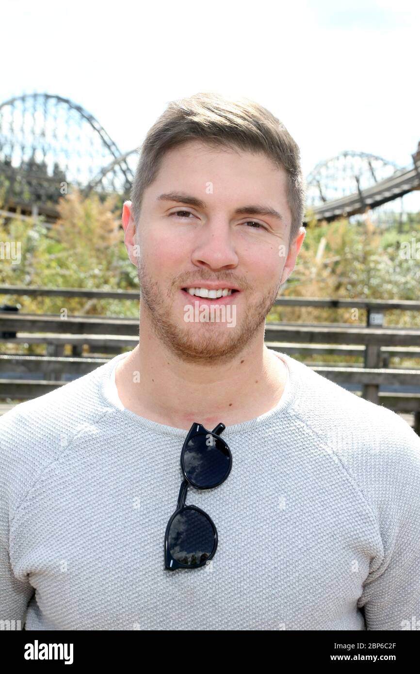 Joey Heindle,Colossus wooden roller coaster Heide Park Soltau near Hamburg,14.05.2019 (Joey Heindle also had his birthday that day and can spend it in the park with his girlfriend) Stock Photo
