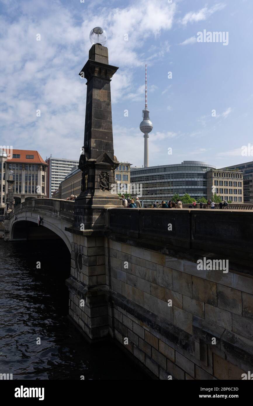 BERLIN - MAY 01, 2019: View of the Friedrichs Bridge and the Spree River. In the background Berlin TV Tower (Fernsehturm). Stock Photo