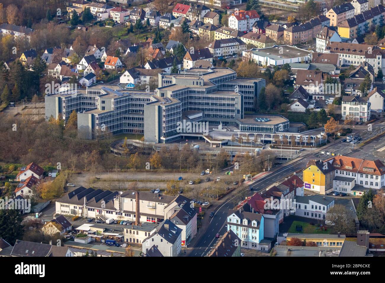Aerial view, road traffic office and driving license office, Heedfelder Straße, Lüdenscheid, Märkischer Kreis, Sauerland, North Rhine-Westphalia, Germany Stock Photo