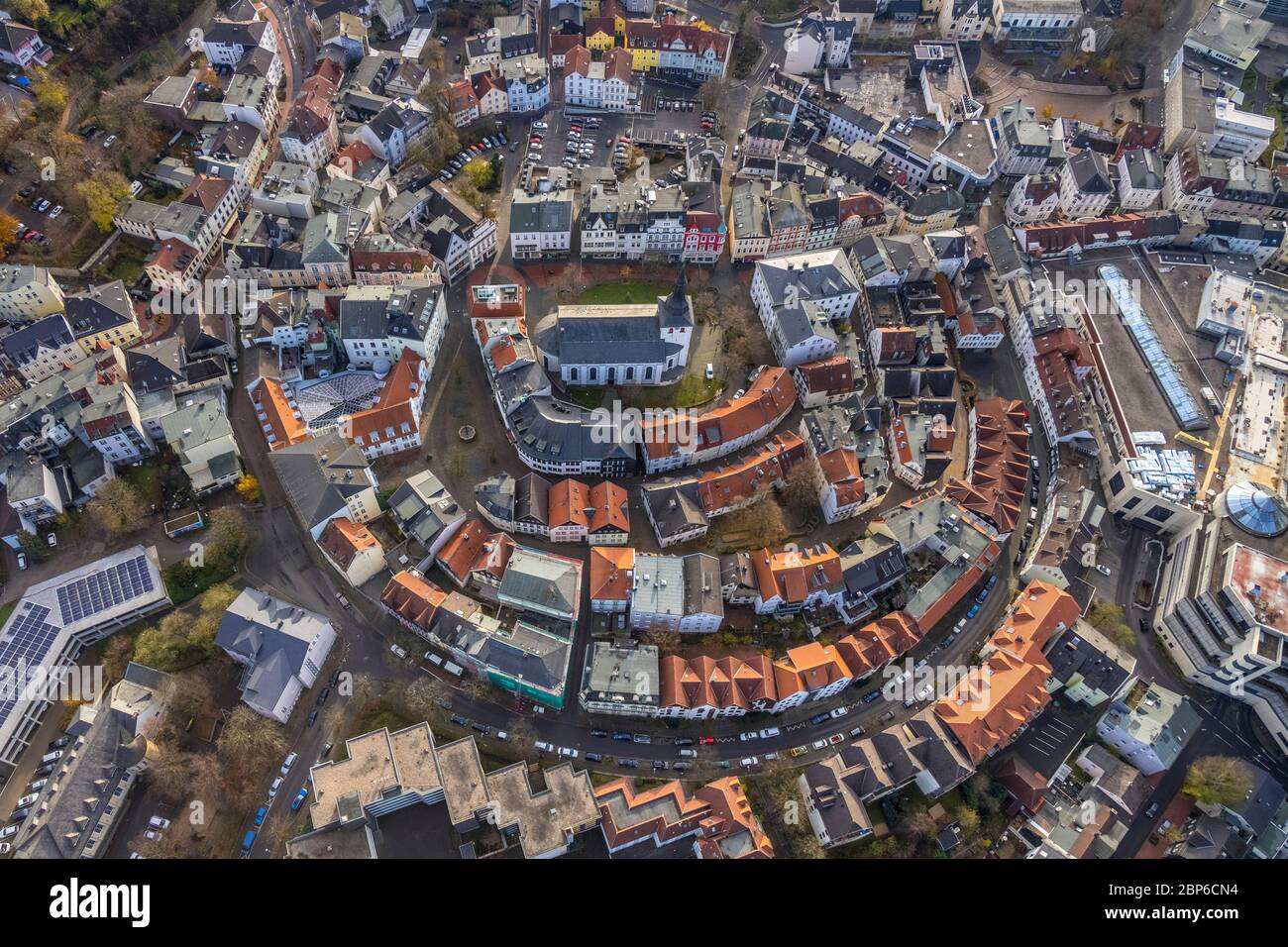 Aerial view, historic old town, inner city ring, Redeemer Church, Kirchplatz, Lüdenscheid, Märkischer Kreis, Sauerland, North Rhine-Westphalia, Germany Stock Photo
