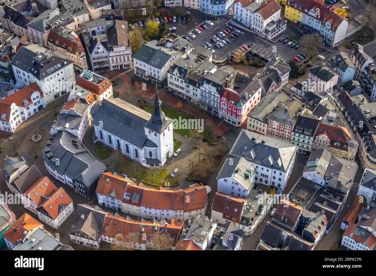 Aerial view, historic old town, inner city ring, Redeemer Church, Kirchplatz, Lüdenscheid, Märkischer Kreis, Sauerland, North Rhine-Westphalia, Germany Stock Photo
