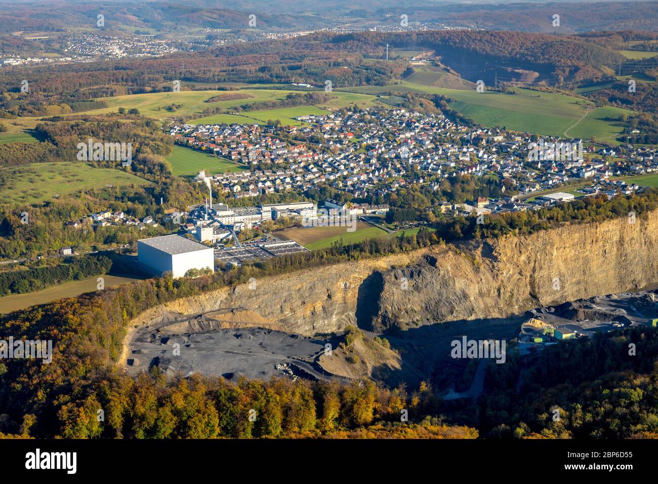 Aerial view, quarry operations (Habbel plant) of Heinrich Ebel GmbH & Co. KG, Müschede, Arnsberg, Sauerland, North Rhine-Westphalia, Germany Stock Photo