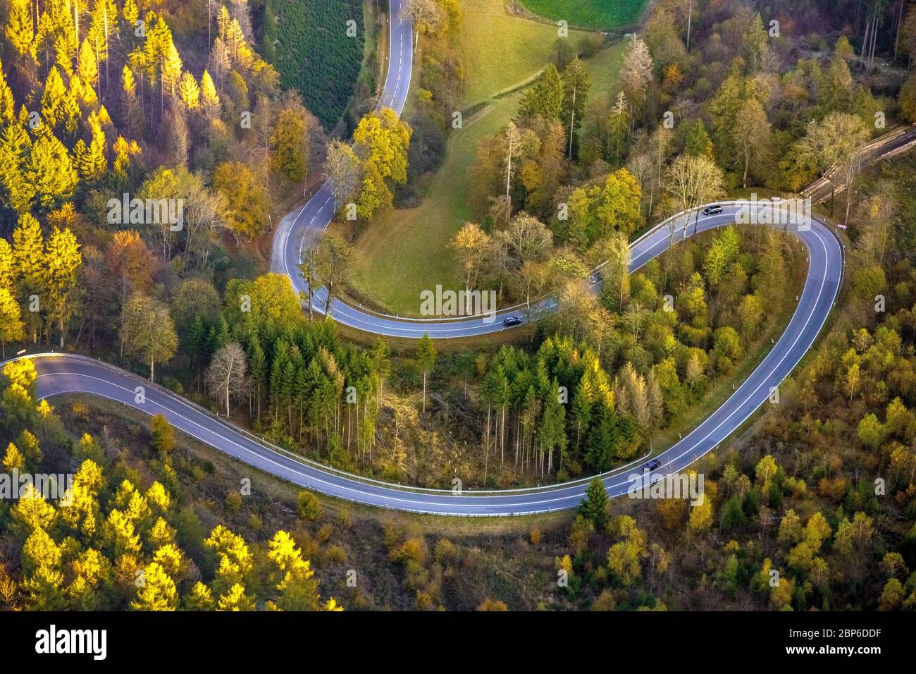 Aerial view, curves, winding motorcycle route, country road, winding country road, redeveloped country road L870, Brilon, Sauerland, North Rhine-Westphalia, Germany Stock Photo