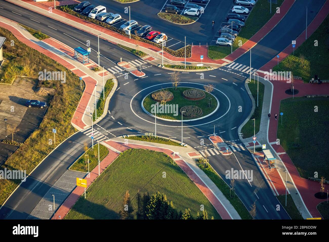 Aerial view, roundabout at Güterbahnhof / Am Holzplatz / Bismarckstraße, redeveloped streets due to mountain subsidence, street drainage and connection to the canal at the municipal triangle, Dorsten, Ruhr area, North Rhine-Westphalia, Germany Stock Photo