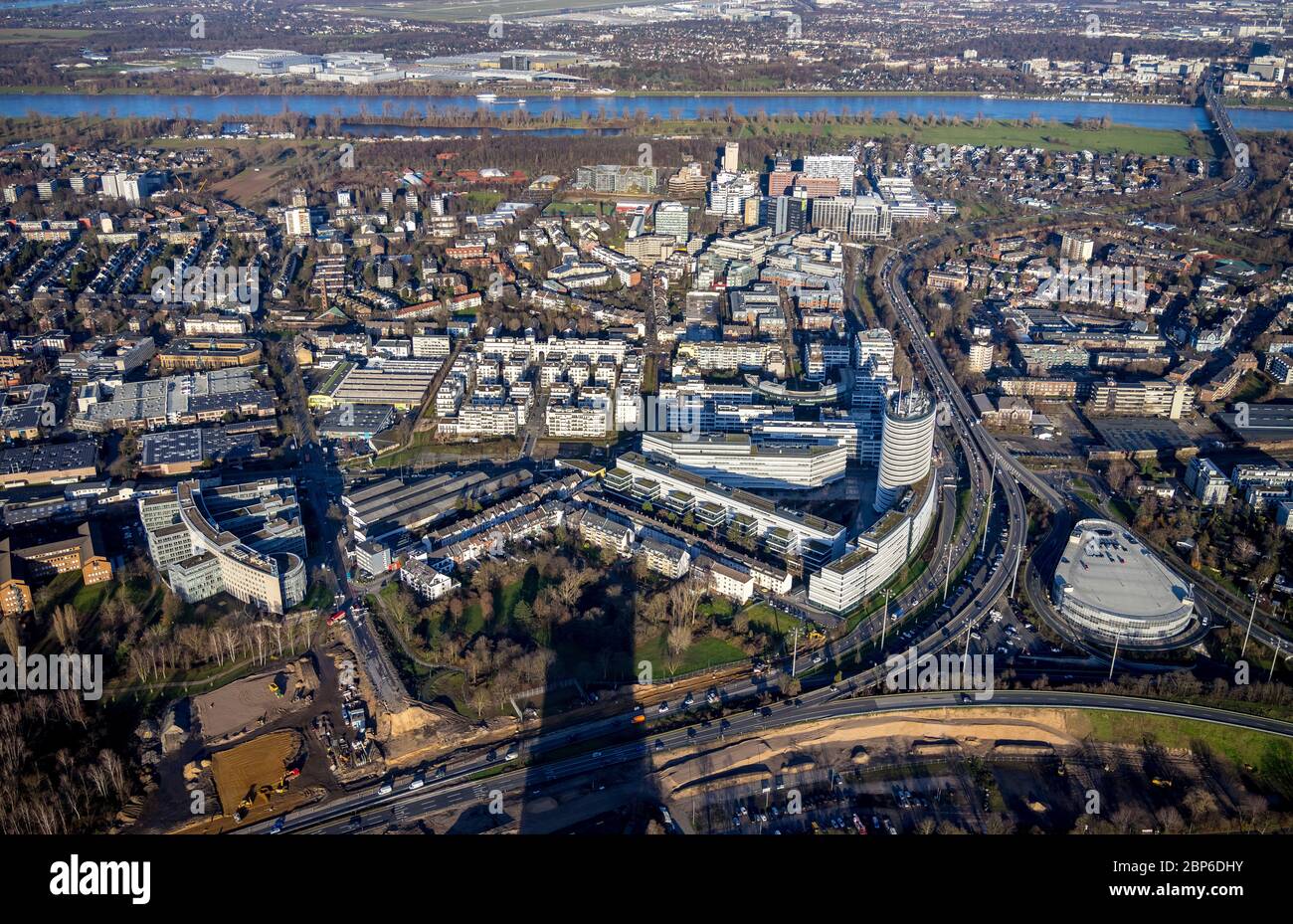 Aerial view, city view of the district of Lörick, commercial and residential buildings, Vodafone Campus Düsseldorf, River Rhine, Rhineland, North Rhine-Westphalia, Germany Stock Photo