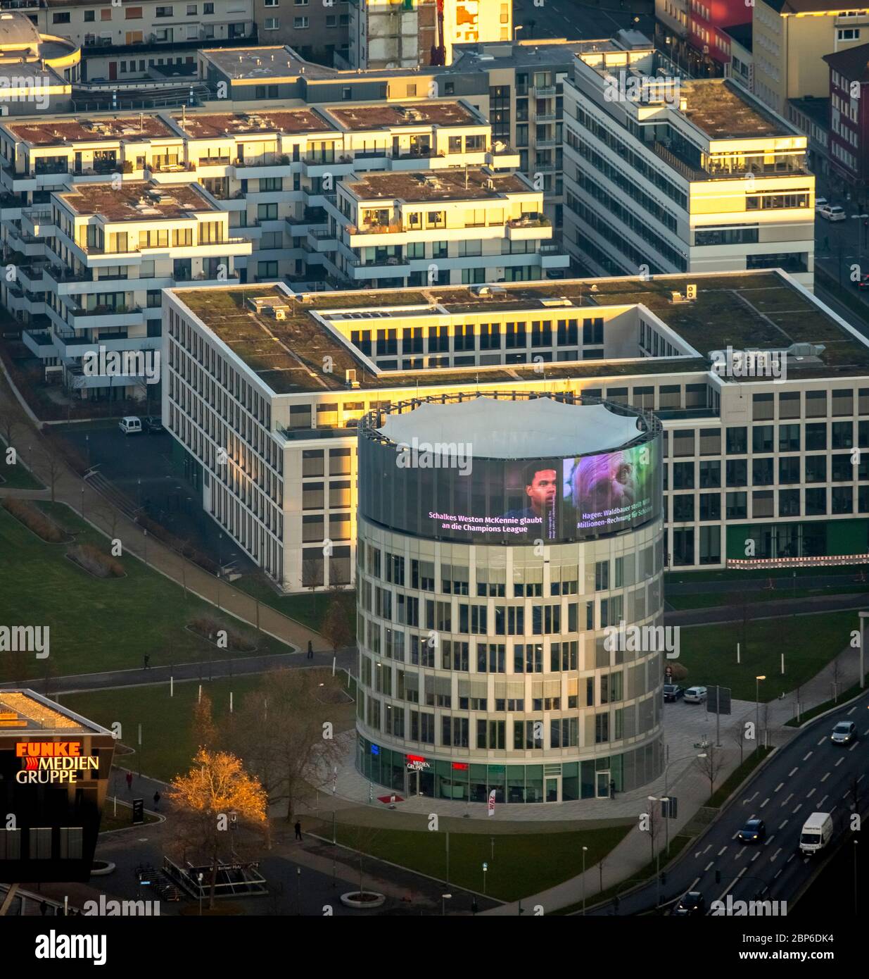 Aerial view, Spark media group, tower WAZ media kiosk, local editorial office, clear text publisher, Essen, Ruhr area, North Rhine-Westphalia, Germany Stock Photo