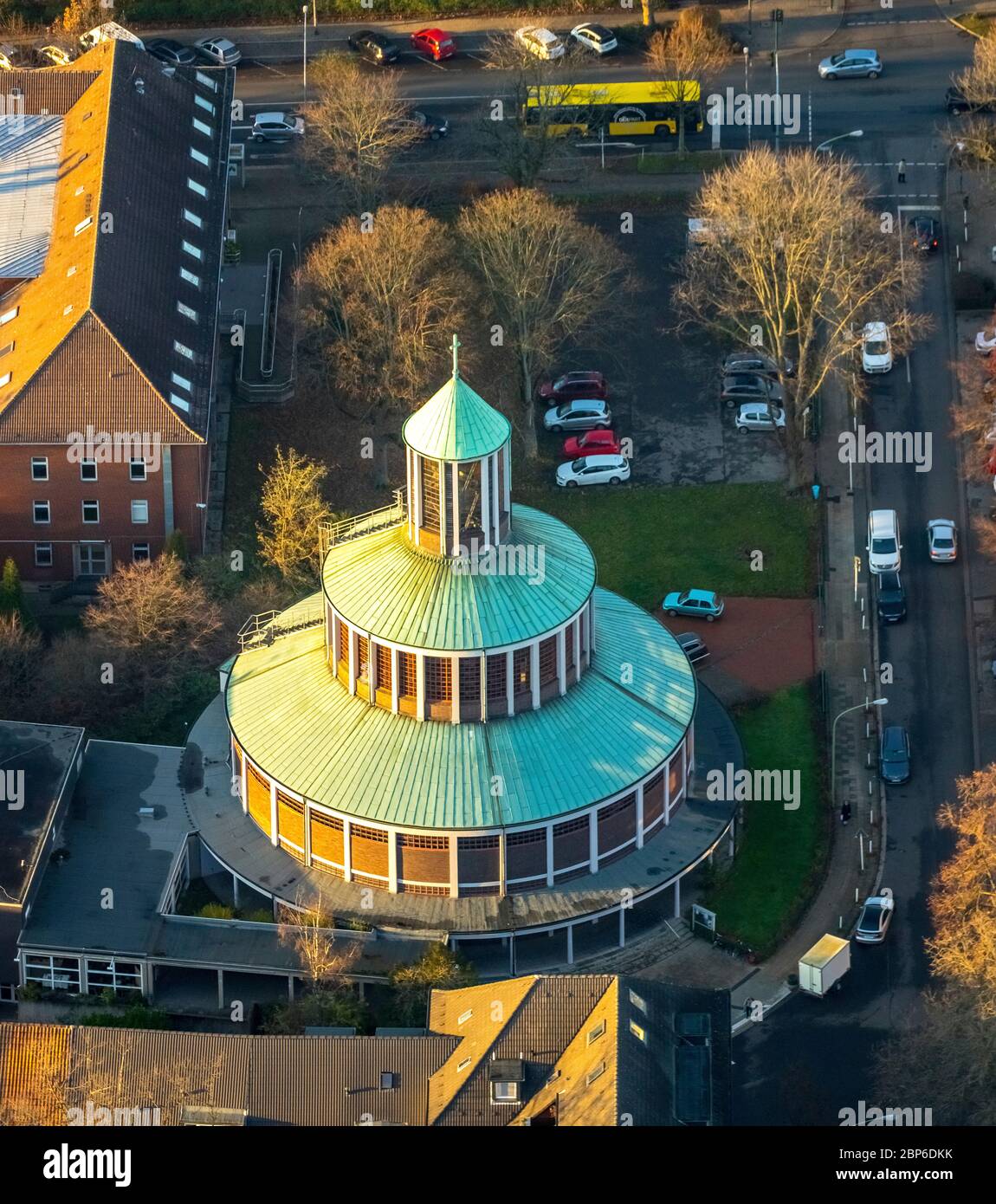 Aerial view, Evangelical Church of the Resurrection, southeastern district, Steubenstrasse, Essen, Ruhr area, North Rhine-Westphalia, Germany Stock Photo