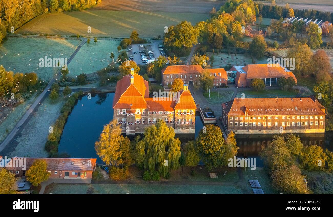 Aerial view, Oberwerries Castle on the Lippe, Lippeaue, flying geese above the castle, morning impression, Golden October, Hamm, Ruhr area, North Rhine-Westphalia, Germany Stock Photo