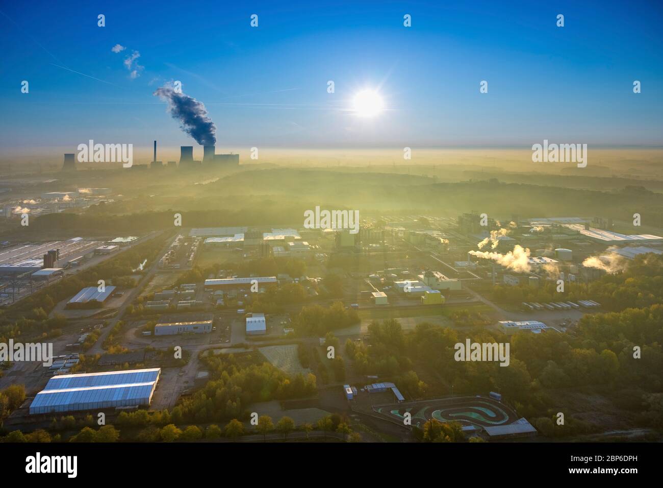 Aerial view, RWE coal-fired power plant, morning impression, opposite with blue sky and power plant smoke, cooling tower, Hamm, Ruhr area, North Rhine-Westphalia, Germany Stock Photo