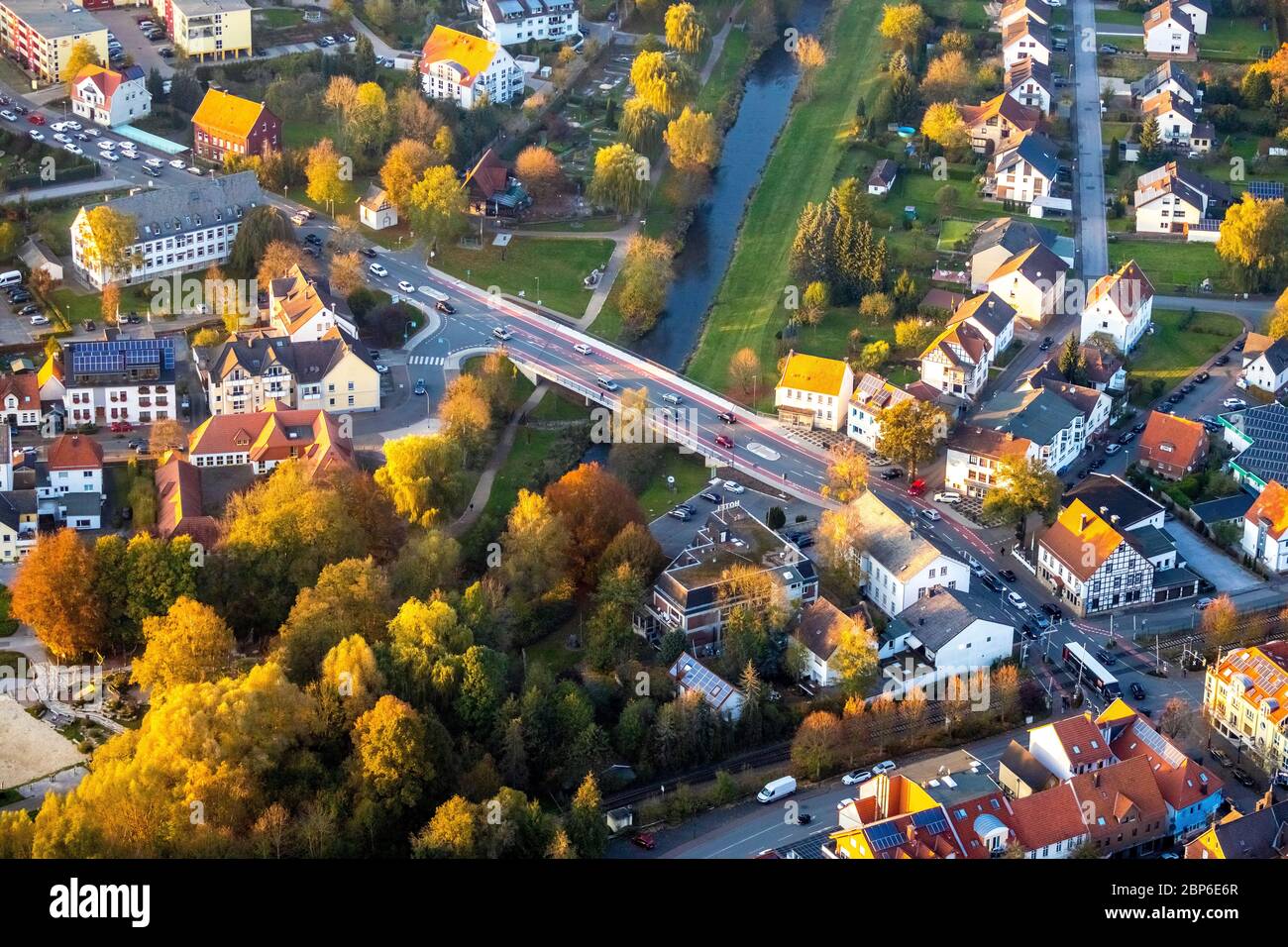 Aerial view, Neue Diemelbrücke Hauptstrasse, Marsberg, Sauerland, North Rhine-Westphalia, Germany Stock Photo