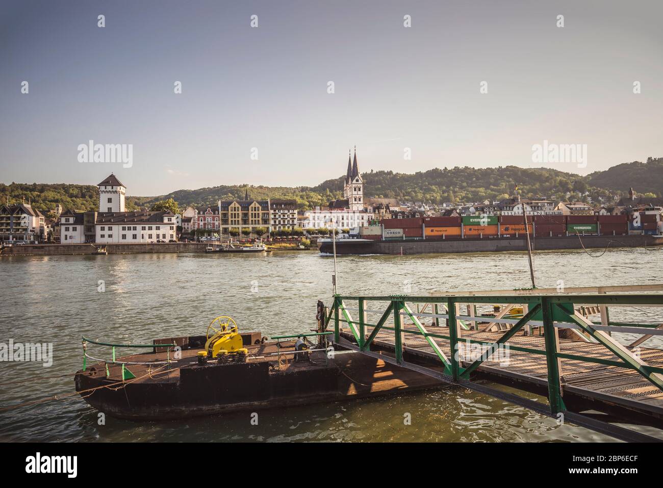 Rhine bank with ferry pier and view of Boppard Stock Photo