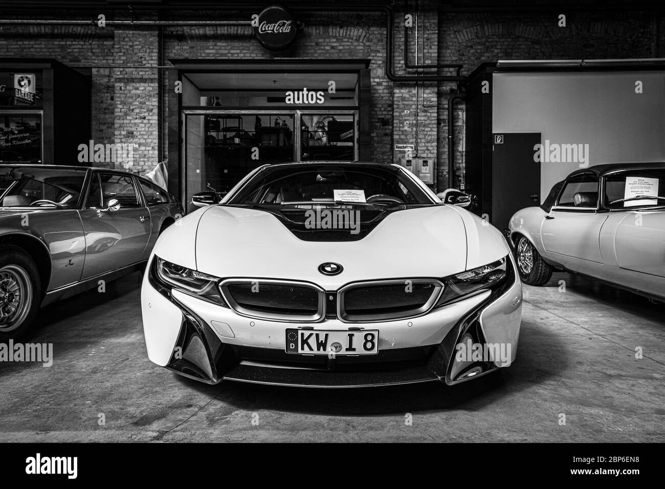 BERLIN - MAY 11, 2019: Plug-in hybrid sports car BMW i8. Black and white. 32th Berlin-Brandenburg Oldtimer Day. Stock Photo