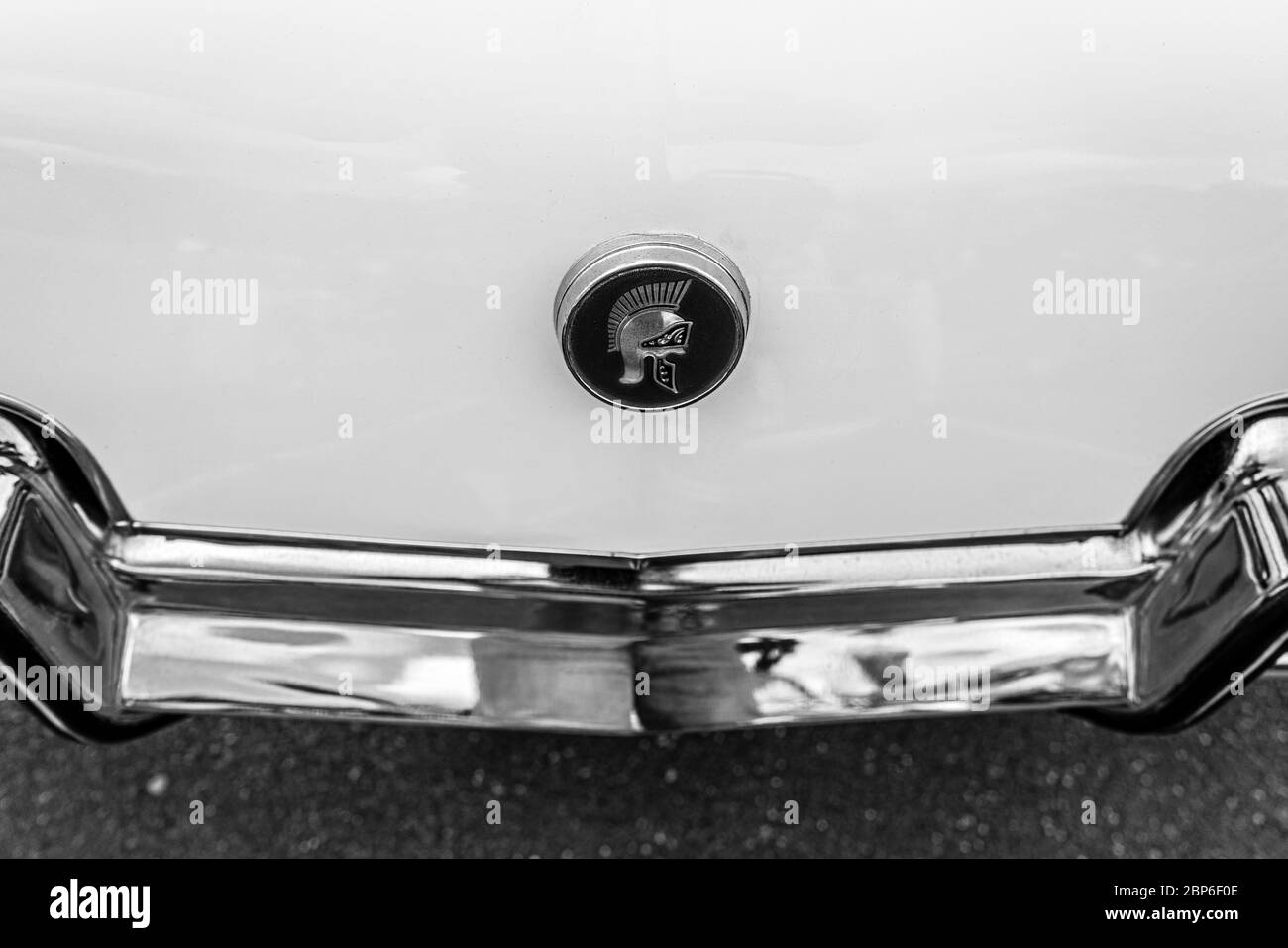 BERLIN - MAY 11, 2019: The emblem on the trunk lid of mid-size car Buick Skylark, 1972. Black and white. 32th Berlin-Brandenburg Oldtimer Day. Stock Photo