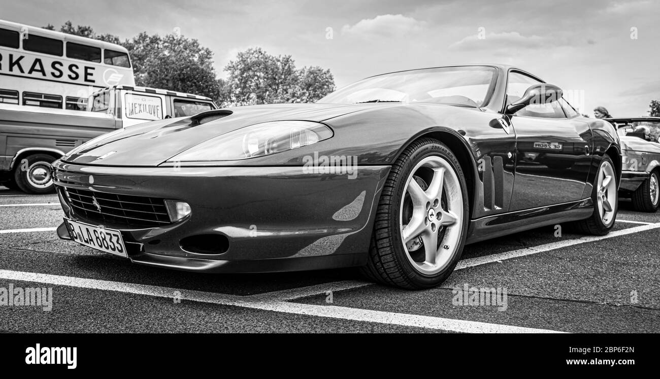 BERLIN - MAY 11, 2019: Grand tourer car Ferrari 575M Maranello. Black and white. 32th Berlin-Brandenburg Oldtimer Day. Stock Photo