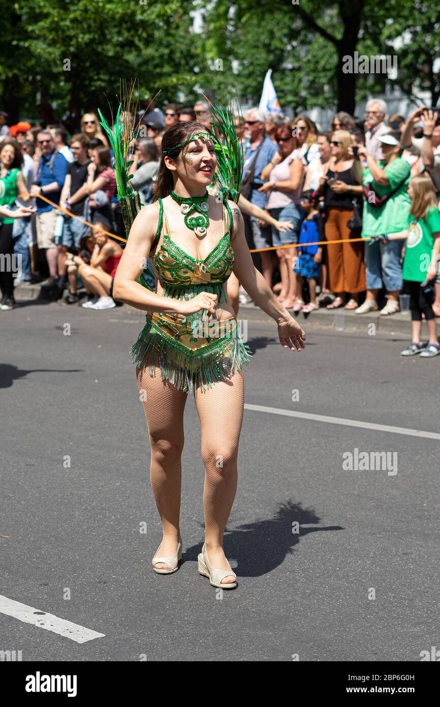 BERLIN - JUNE 09, 2019: The annual Carnival of Cultures (Karneval der Kulturen) celebrated around the Pentecost weekend. Participants carnival on the street. Stock Photo
