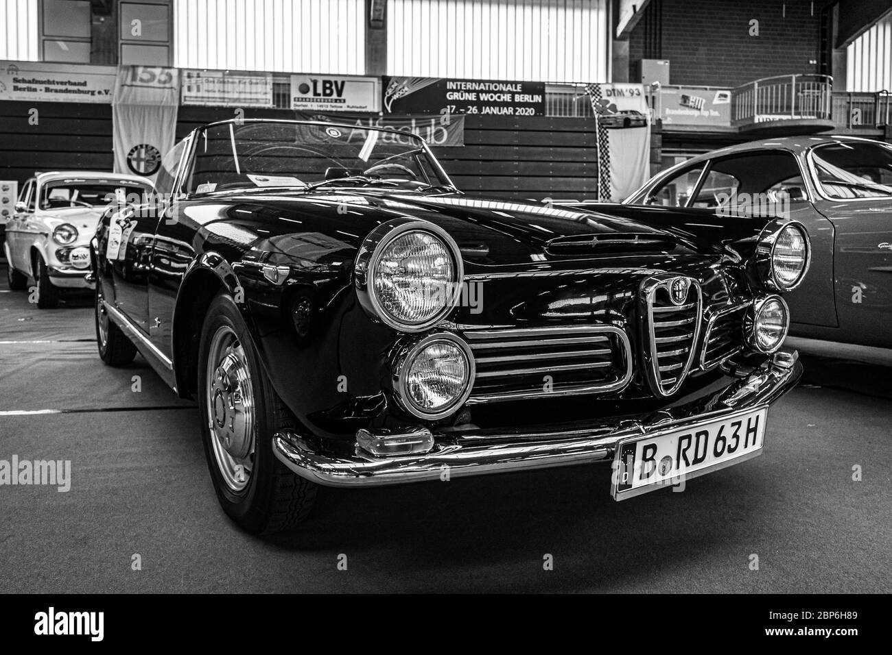 PAAREN IM GLIEN, GERMANY - JUNE 08, 2019: Luxury car Alfa Romeo 2600 Spider, 1963. Black and white. Die Oldtimer Show 2019. Stock Photo