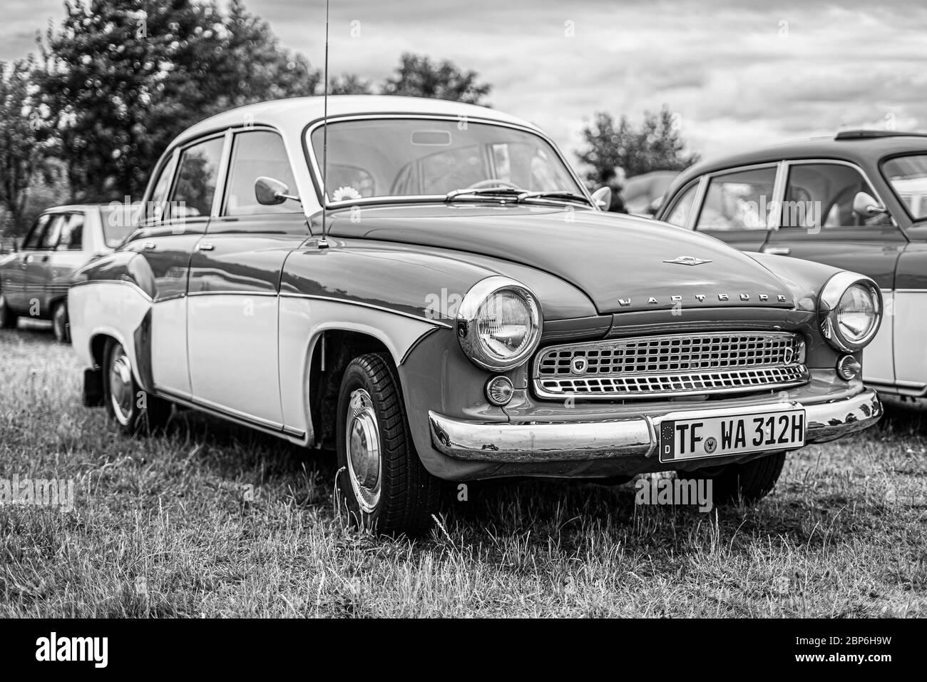 PAAREN IM GLIEN, GERMANY - JUNE 08, 2019: Compact car Wartburg 311, (1955â€“1965). Black and white. Die Oldtimer Show 2019. Stock Photo