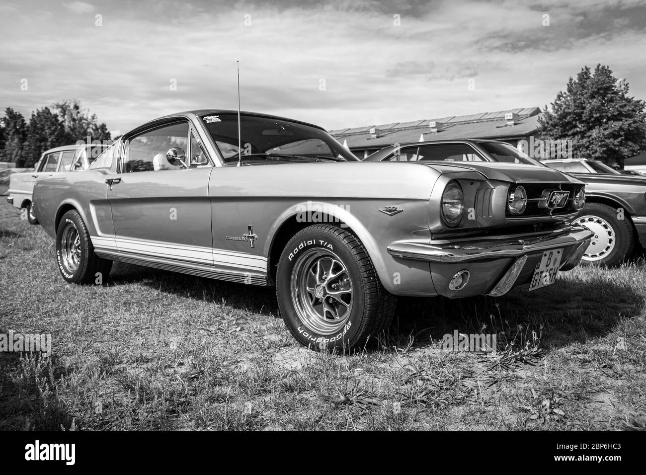 PAAREN IM GLIEN, GERMANY - JUNE 08, 2019: Pony car Ford Mustang (first generation). Black and white. Die Oldtimer Show 2019. Stock Photo