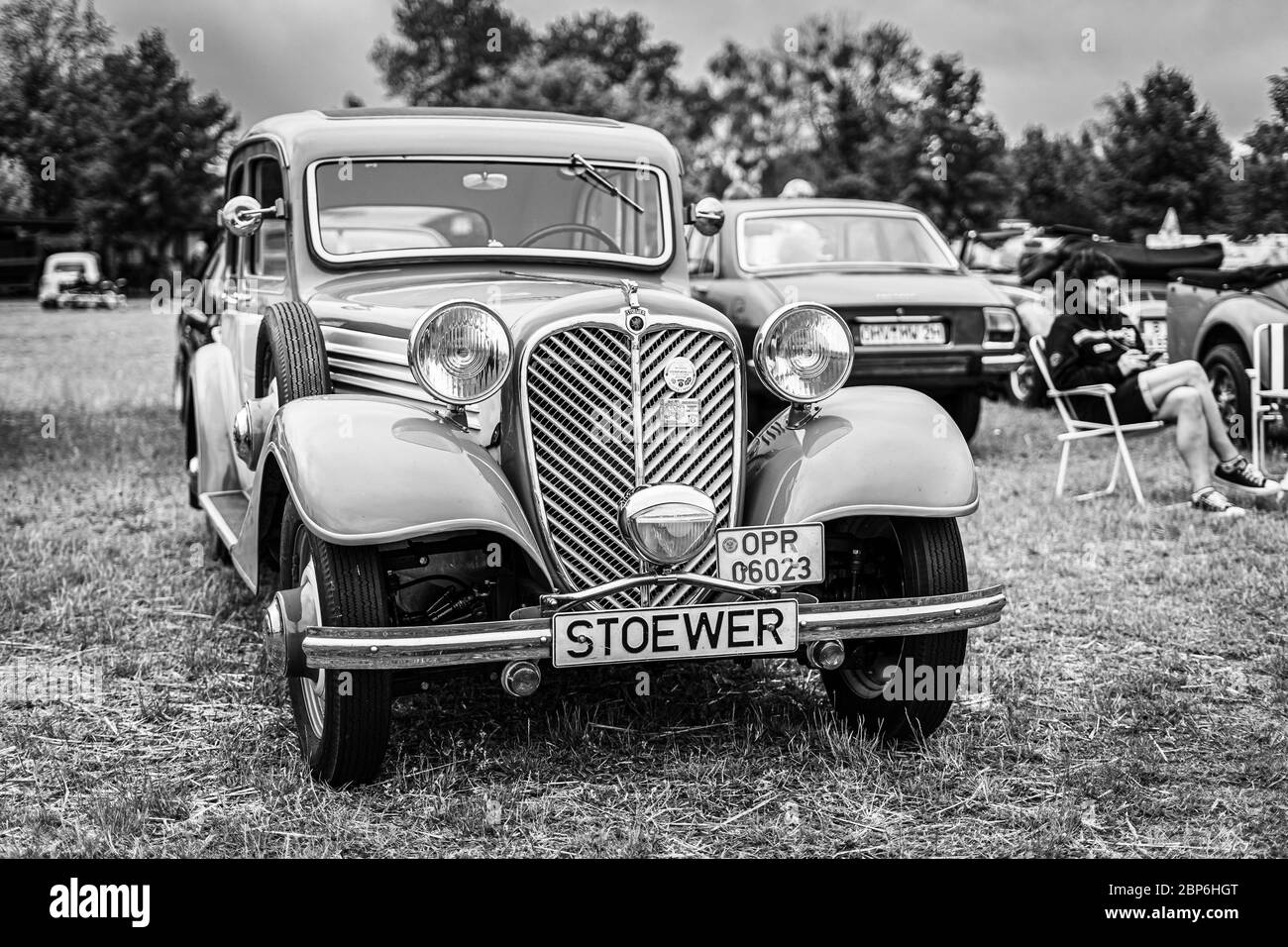 PAAREN IM GLIEN, GERMANY - JUNE 08, 2019: Vintage car Stoewer R180, 1935. Black and white. Die Oldtimer Show 2019. Stock Photo