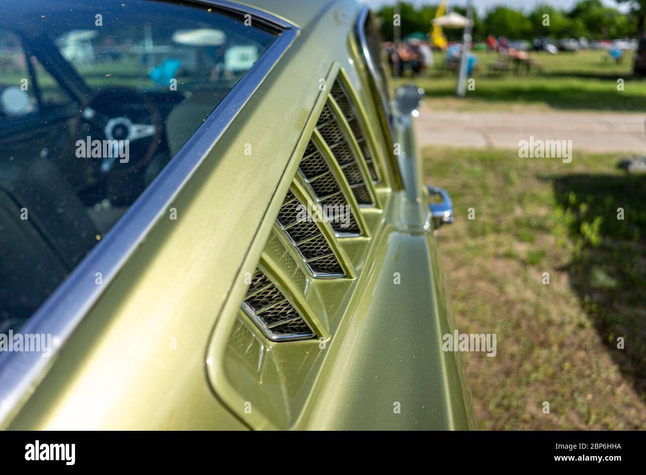PAAREN IM GLIEN, GERMANY - JUNE 08, 2019: Ventilation grille of pony car Ford Mustang (first generation), close-up. Die Oldtimer Show 2019. Stock Photo