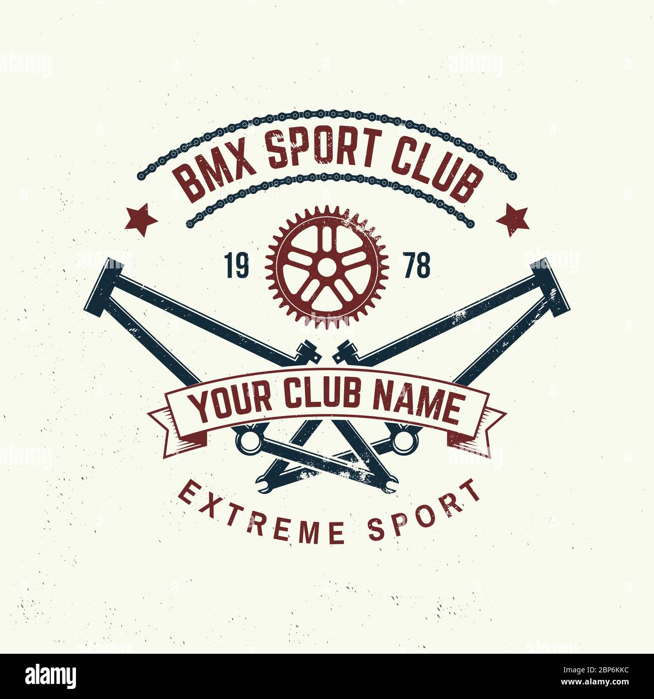 Bmx extreme sport club badge, t-shirt. Vector illustration. Concept for shirt, logo, print, stamp, tee with frames, chain. Vintage typography design with bmx frames, sprocket silhouette. Stock Vector