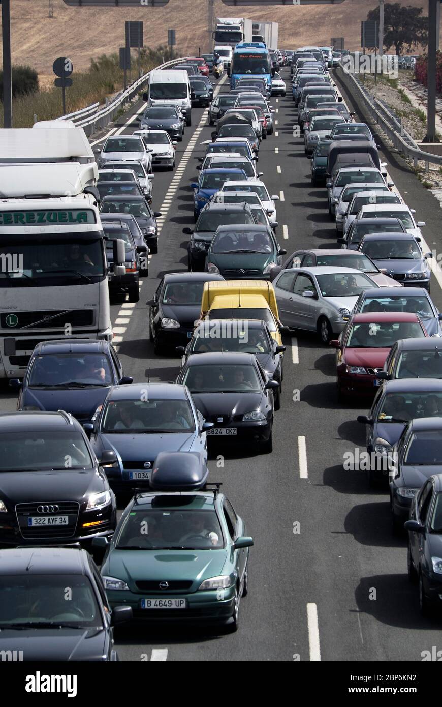Motor vehicle jam during the holidays at the entrance to Malaga, Spain. March 2019 Stock Photo