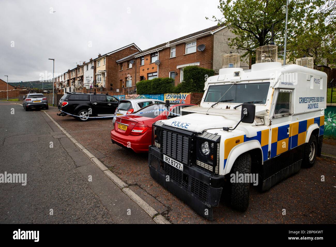 Lenadoon Avenue in west Belfast where a man was shot on Sunday evening, dying at the scene. Stock Photo