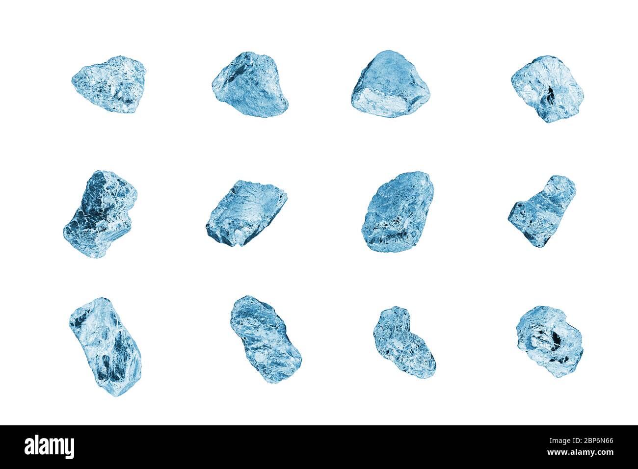 Blue gem stones white background isolated closeup, crushed ice cubes set, rough diamonds collection, raw brilliants texture, rocks, crystals, mineral Stock Photo