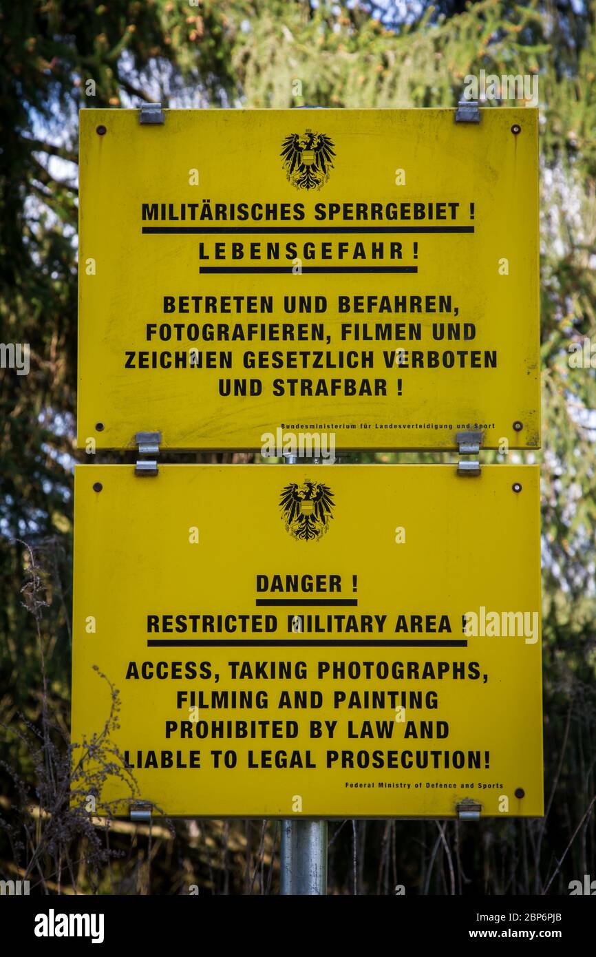 Sign 'restricted military area', military training area Stock Photo