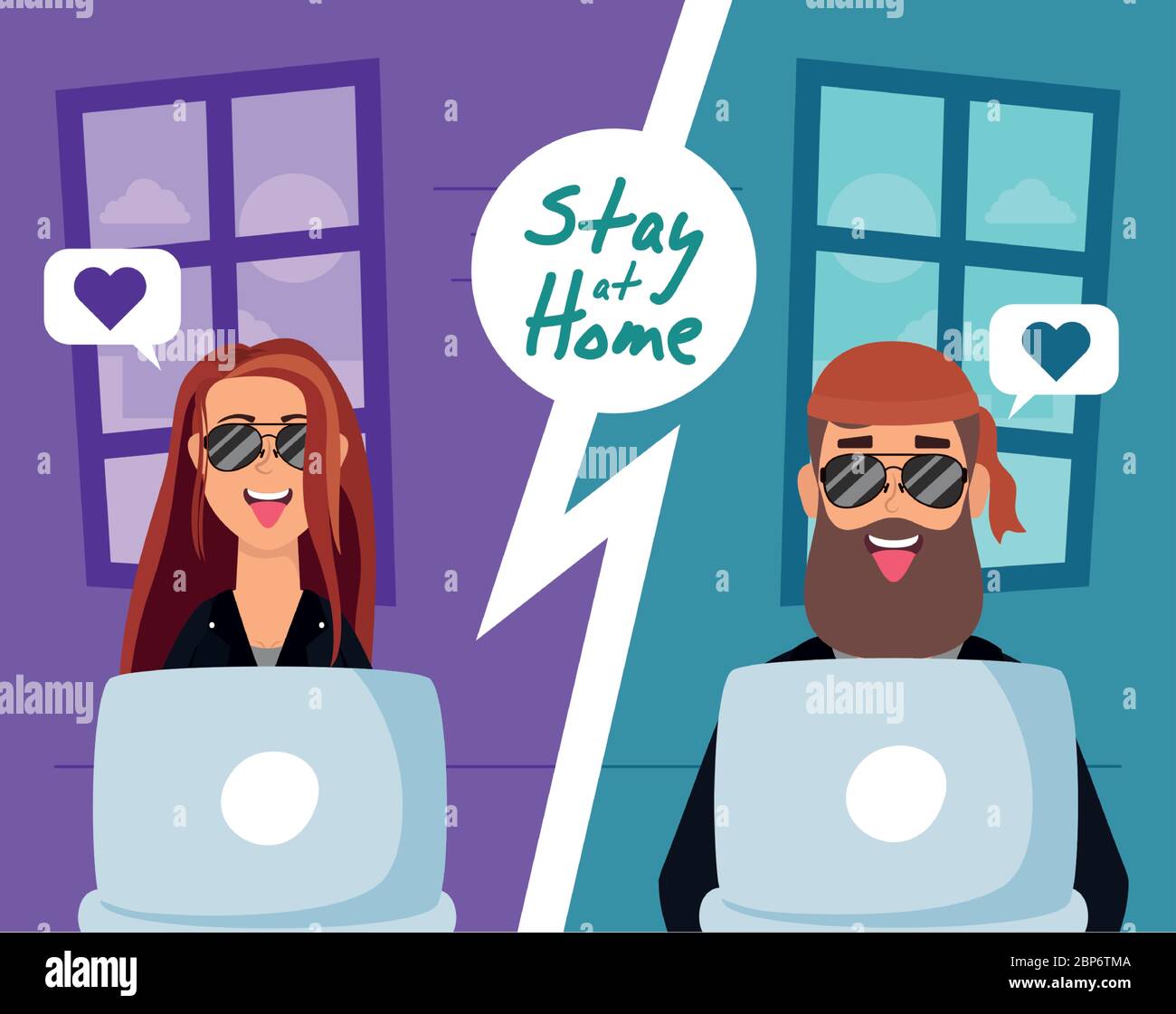 couple using laptops to communicate and stay home Stock Vector