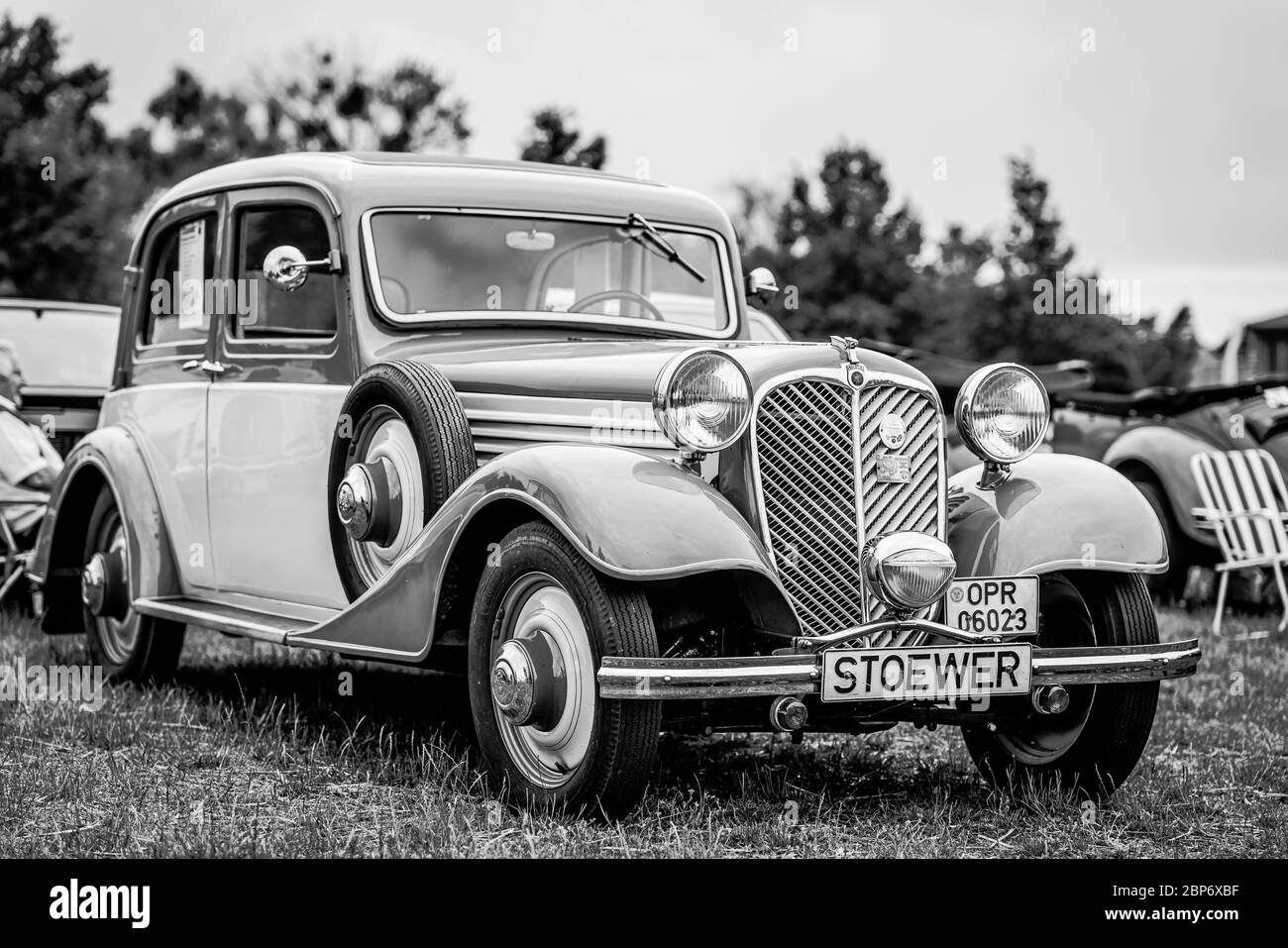 PAAREN IM GLIEN, GERMANY - JUNE 08, 2019: Vintage car Stoewer R180, 1935. Black and white. Die Oldtimer Show 2019. Stock Photo