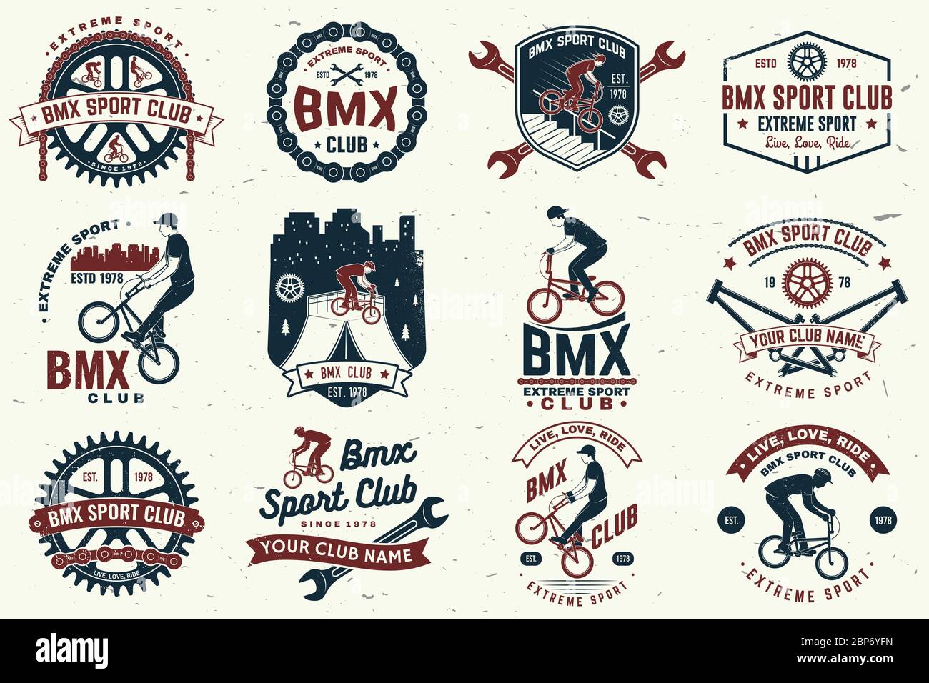 Set of bmx extreme sport club badge. Vector. Concept for shirt, logo,  print, stamp, tee with man ride on a sport bicycle. Vintage typography  design with bmx cyclist, bmx sprocket and chain